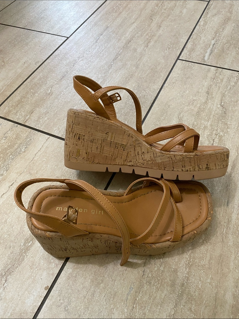 Madden Girl Tan Strappy Cork Wedge Sandals